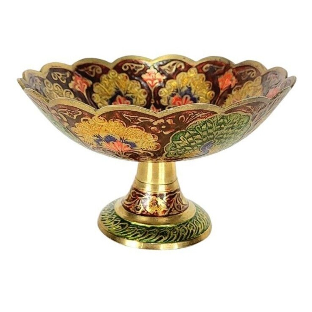 VTG Bohemian Brass Enamel Peacock Pampas Fan Scalloped Pedestal Dish Bowl India